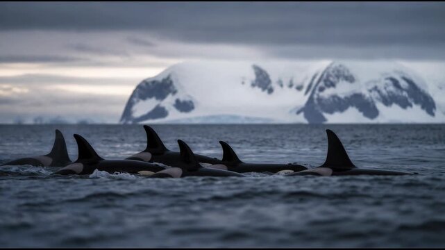 A pod of orcas glides through the dark choppy Antarctic waters with their dorsal fins cutting through the waves as they swim past a massive snowy mountain under an overcast sky.