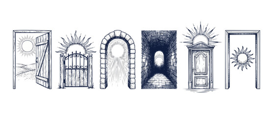 Fototapeta premium Mystical doorway portals with sun gates, stone arches and tunnel sets in vintage engraving style, mystic tarot line art depicting hope, spiritual pathways, future journeys and new beginnings on white.