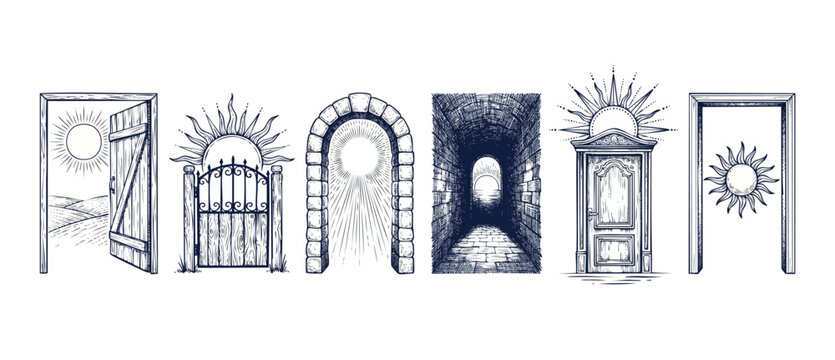 Mystical doorway portals with sun gates, stone arches and tunnel sets in vintage engraving style, mystic tarot line art depicting hope, spiritual pathways, future journeys and new beginnings on white.