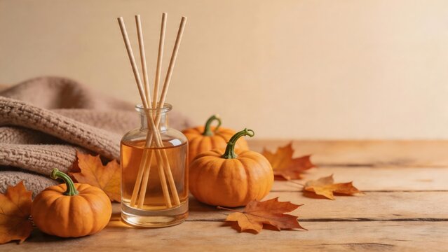 Pumpkins and reed diffuser on wooden table