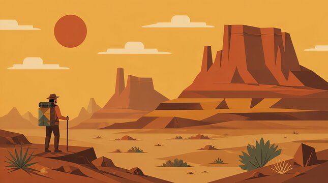 A cinematic widescreen illustration of an arid desert landscape featuring flat stylized mesas and a solo adventurer, representing a high resolution gigapixel cgi scene of exploration and travel.
