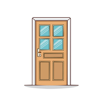 Light Brown Wooden Interior Door with Four Glass Panes and Brass Handle