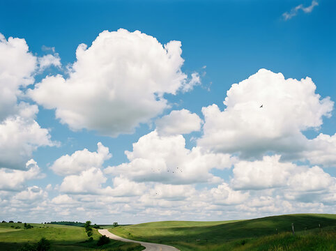 Fluffy white clouds in a bright blue sky over a rural landscape