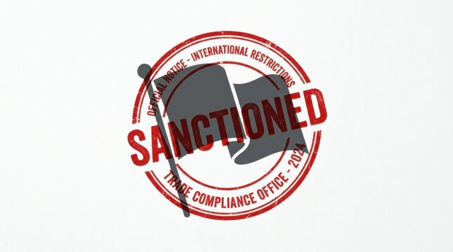 Stamp features the word sanctioned with a flag silhouette and a circular design indicating official notice from the trade compliance office.