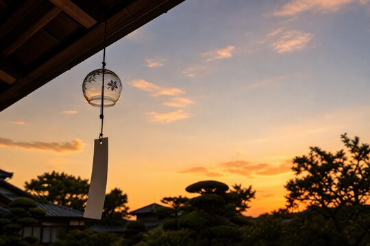 夕焼け空に揺れる風鈴と日本家屋