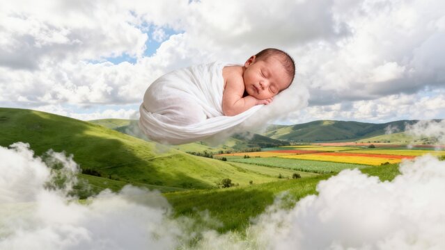 Baby sleeping on cloud over green landscape