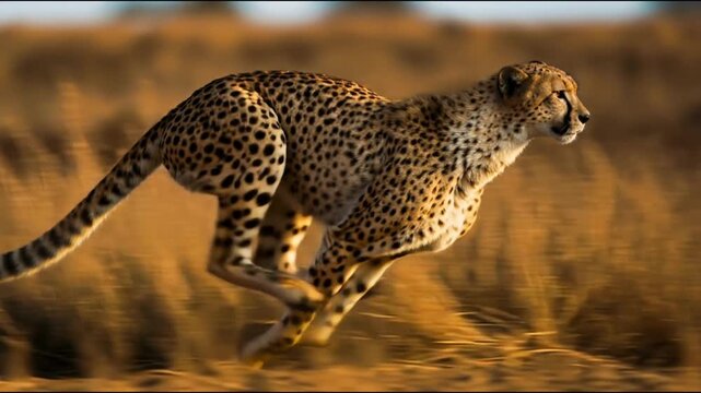 Majestic wild cheetah sprints at full speed through the golden sun drenched savanna grass during a tracking shot, capturing the raw power and extreme velocity of the worlds fastest land animal.