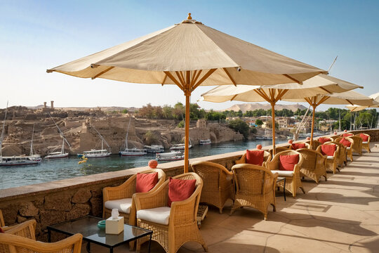 Terrace with parasols overlooking the Nile in Egypt
