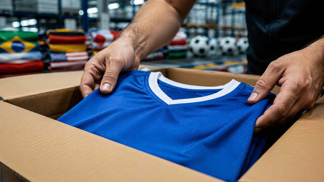 Logistics worker packing soccer jersey for world cup e-commerce