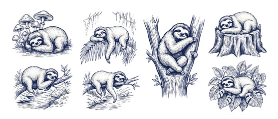 Fototapeta premium Sloth engraving hand drawn sketch set featuring cute sleeping sloths in jungle nature scenes on branches and tree trunks. Vintage etching elements for baby shower, nursery decor, and summer design.