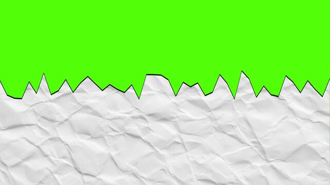 Animated crumpled white paper tearing from right to left revealing top half chroma key green screen background transition