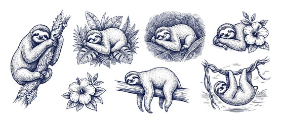 Fototapeta premium Sloth sketch engraving illustration set of cute lazy sloths sleeping and hanging on tropical jungle branches with hibiscus flowers in vintage hand drawn woodcut style for retro wildlife design.