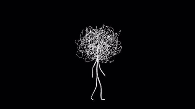 Looped animation of confused mind, anxiety and depression. White stick figure walking with large messy scribble lines tangle instead of head on transparent background. Alpha channel