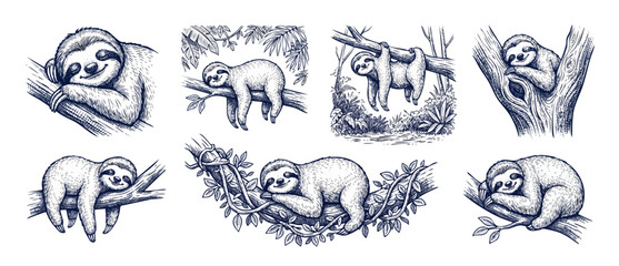 Fototapeta premium Sloth illustration set sketch drawing of cute cartoon animal characters sleeping and hanging on tree branches in a forest, jungle design elements for retro card engraving style graphic art collection.