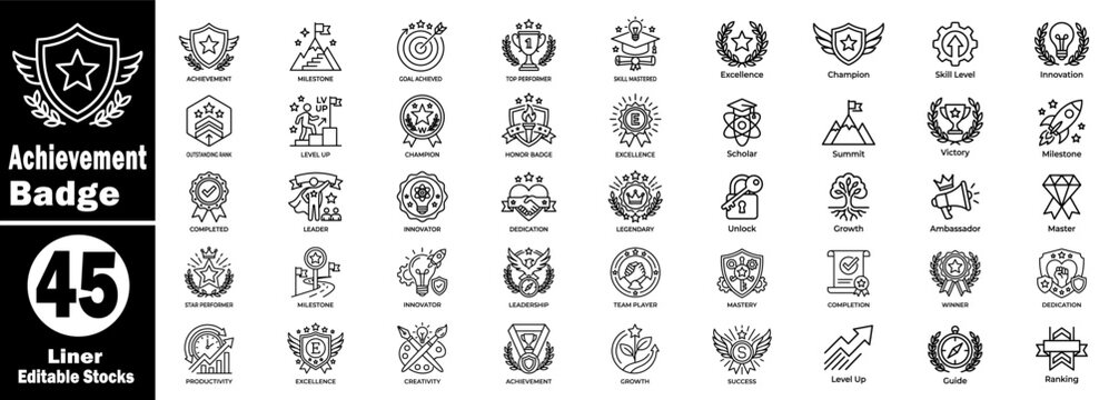 Achievement badge line icons. Including awards, trophies, medals, and success milestones for gamification and reward systems.