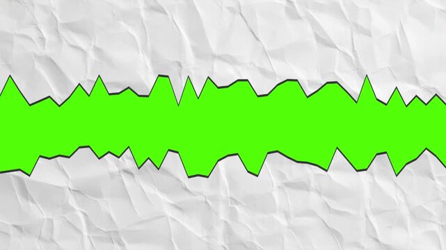 Animated crumpled paper tearing open horizontally from left to right with sharp jagged edges revealing chroma key green screen background transition