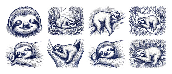 Fototapeta premium Sloth sketch engraving illustration set of cute sleeping sloths on jungle branches, vintage hand drawn monochrome ink line art drawings featuring lazy happy animal characters in rainforest.