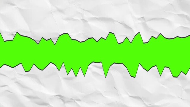 Horizontal white crumpled paper transition tearing open from left to right with rough jagged lines revealing isolated chroma key green screen asset