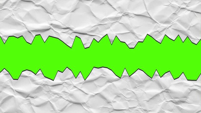 Animated crumpled white paper tearing open transition with jagged edges revealing chroma key green screen background