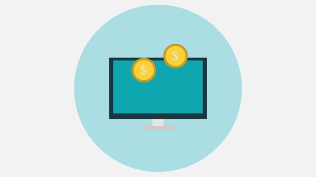 Animated flat design pay per click concept with computer monitor cursor clicking and gold dollar coins popping out for digital marketing and online business