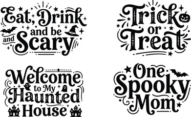 Obraz premium Halloween Phrases With Decorative Elements Black Vector Illustration On White