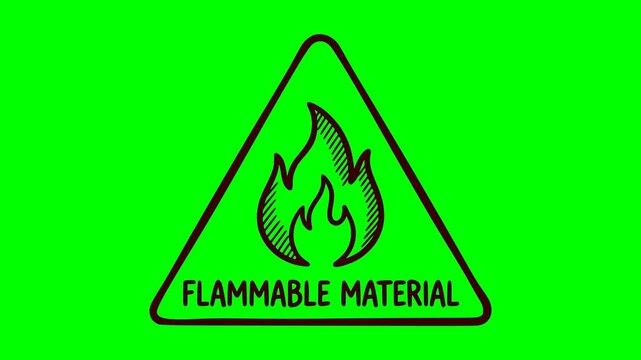 hand drawn flammable material warning sign animation on a green screen chroma key background featuring a loop line art design of a hazard triangle with fire flame symbol