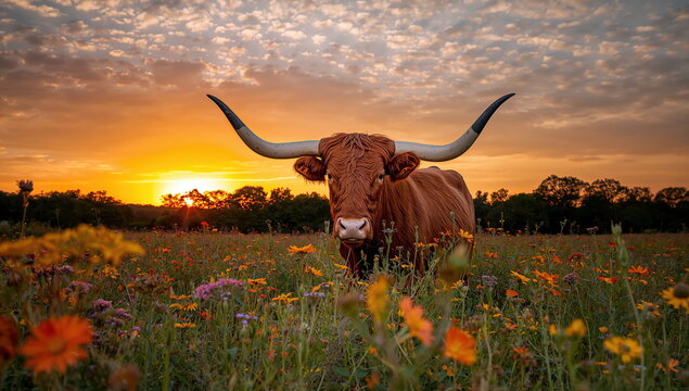 Longhorn cattle in a Texas farm field during sunset with wildflowers blooming