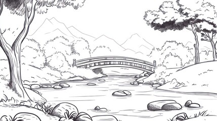 Fototapeta premium Peaceful river scene with a bridge, mountains, and trees. Stock image for nature lovers