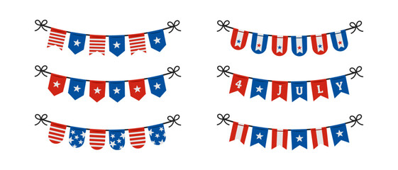 Fototapeta premium Patriotic bunting garlands set with stars and stripes. USA Independence Day hanging flags, red white and blue 4th of July party decorations isolated on transparent background.