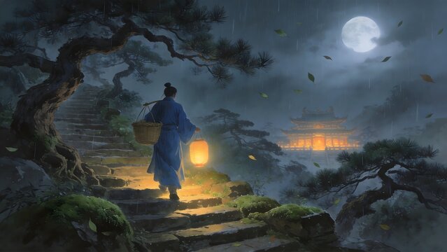 Person ascending stairs with lantern under moonlight