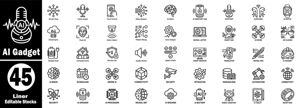 Ai gadgets line icons for smart home devices, voice assistants, wearable technology, neural networks, and robotic systems.