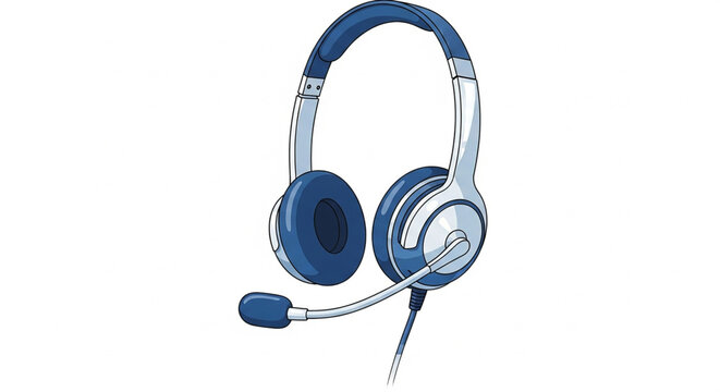 A vector graphic of modern headphones with a microphone in blue and white colors.