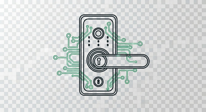 A digital smart lock icon with a modern design featuring integrated circuitry