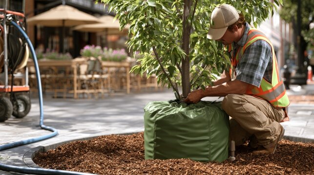 Municipal worker installing watering bag around young street tree in urban setting