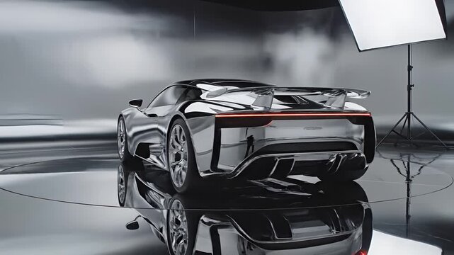 Sleek Futuristic Silver Sports Car Showcased in Studio Lighting.