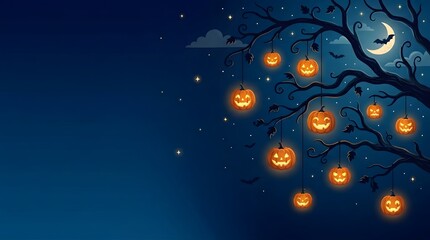 Fototapeta premium Halloween scene with glowing jackolanterns hanging from tree branches against a dark blue night sky