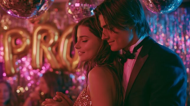 Young prom couple dancing in pink and blue neon party light with festive gold balloons