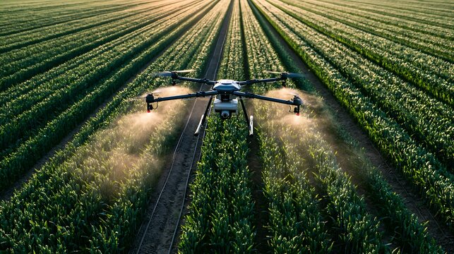Agricultural drone spraying long green field rows in warm evening light for precision farming