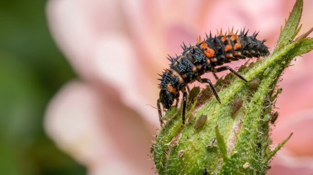 Ladybug larva hunting aphid on rose bud. Macro shot of predatory beetle grub feeding on pest in garden. Natural pest control and organic farming concept in botanical environment close up.