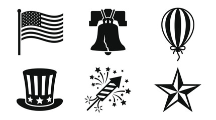 Naklejka premium Collection of American Independence Day Symbols Icons Black and White