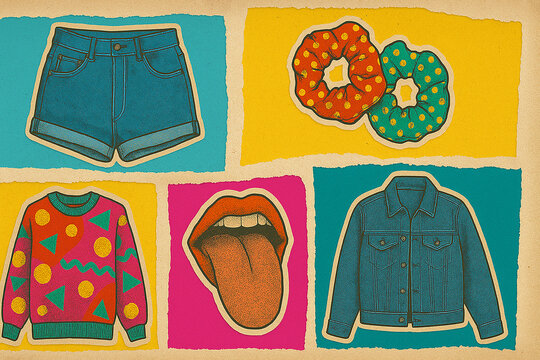 pattern of retro 70s and 80s sticker elements including vintage radio, summer items, and fashion clothes. Nostalgic pop art graphic background illustration.