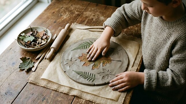 A person creating a leaf imprint on clay at a wooden table by a window