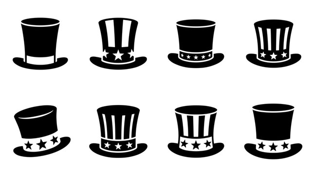 Collection of Uncle Sam Hats and Top Hats in Black and White Vector Style