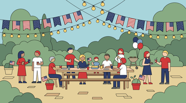 People enjoying outdoor summer party with American flags and string lights