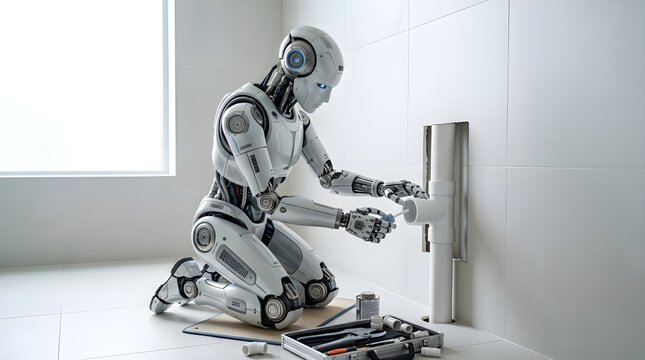 Robot installing pipes in a tiled room with tools on the floor humanoid plumbing