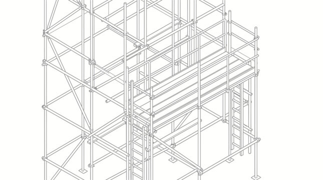 Detailed wireframe rendering of a multi-level construction scaffolding structure with ladders and safety rails.