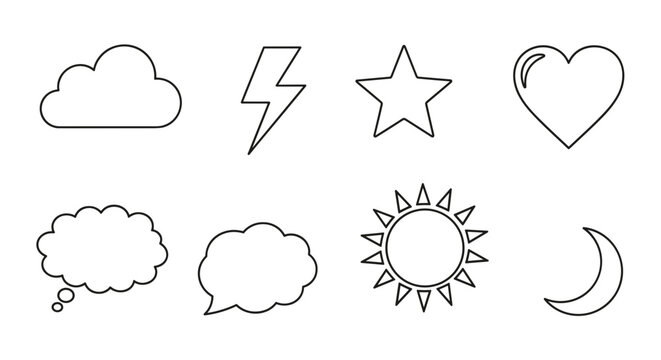 Collection of simple outline icons including cloud lightning star heart sun moon and speech bubbles