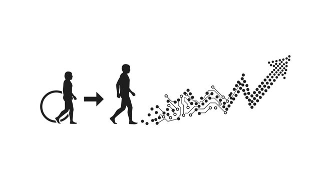 Human evolution to digital technology and growth represented by an upward arrow