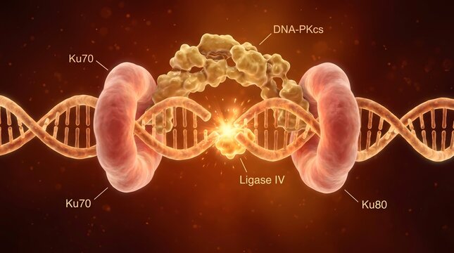 DNA strand break repair showing Ku70 Ku80 DNA PKcs and Ligase IV protein complex