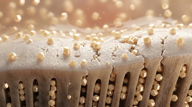 Macro view of tooth enamel surface with mineral crystal particle scattered on tubule top